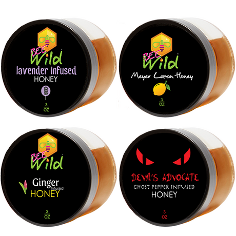 Wild Side Handcrafted Honey Infusion Tasting Gift Set: Lavender Infused, Devil's Advocate - Ghost Pepper Infused, Meyer Lemon Infused, Ginger Infused - 3oz Each