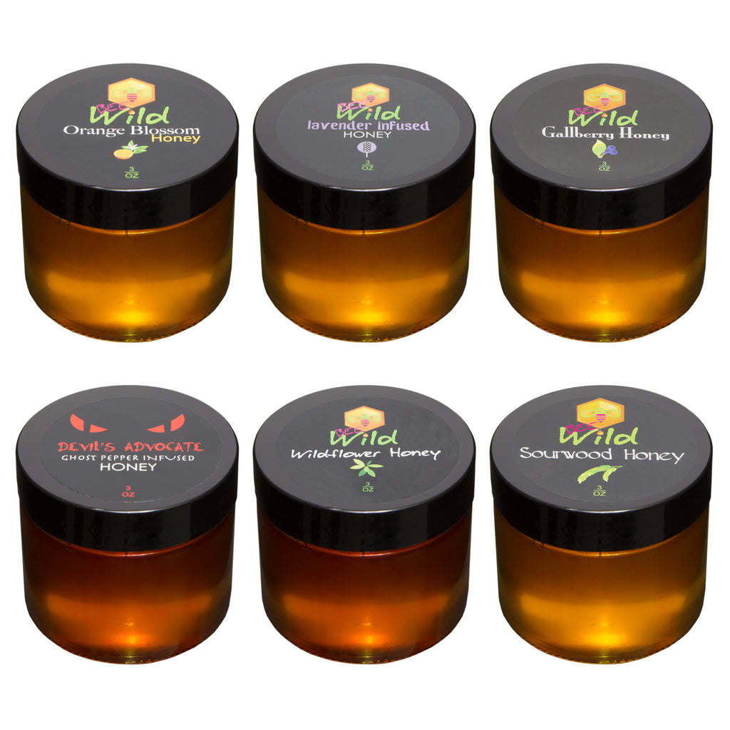 Gourmet Honey Tasting Gift Set:  Sourwood, Orange Blossom, Gallberry, Lavender Infused, Wildflower, Devil's Advocate - Ghost Pepper Infused Honey - 3 Oz Each